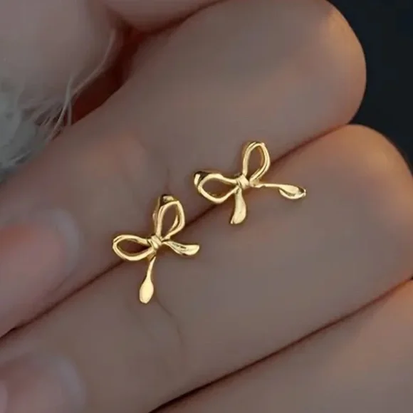 Delicate Dainty Bow Gold Toned Stud Earrings - Picture 3 of 3